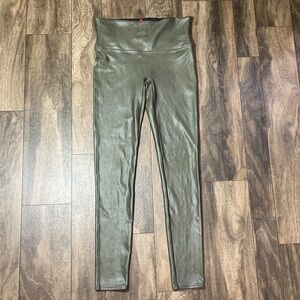 SPANX Faux Leather Leggings Olive Green High Waisted Shaping Size Medium